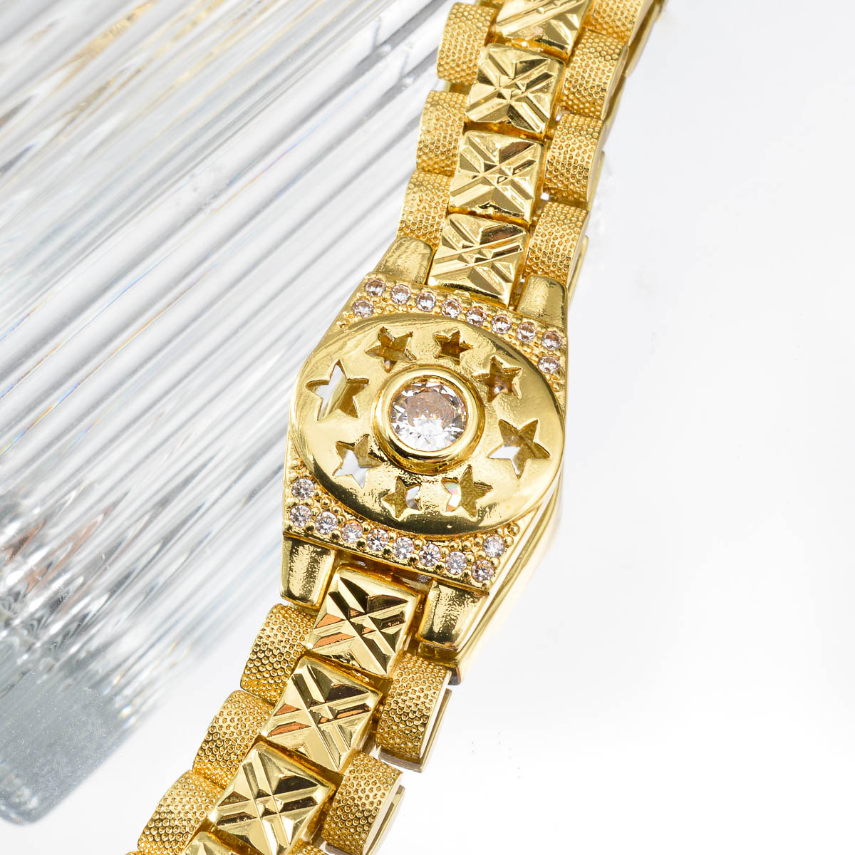 Middle Eastern Directional Zirconia Hollow Starburst Watch Chain Bracelet